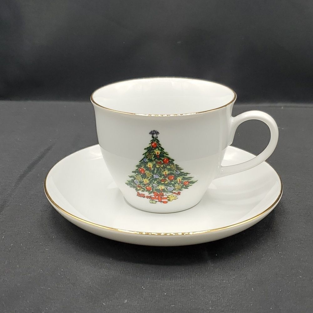 Jamestown China Christmas Tree Cup and Saucer with Gold Trim